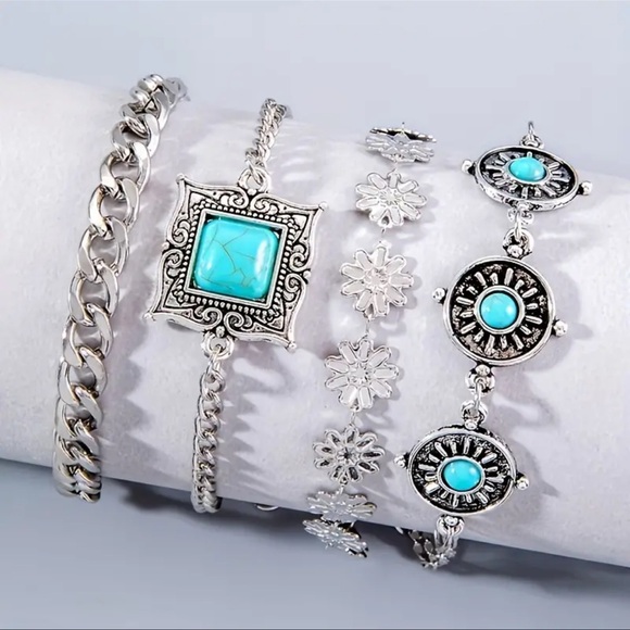 Vintage Boho 4-Piece Bracelet Set, Turquoise Inlay, Cuban Chain - Picture 2 of 5